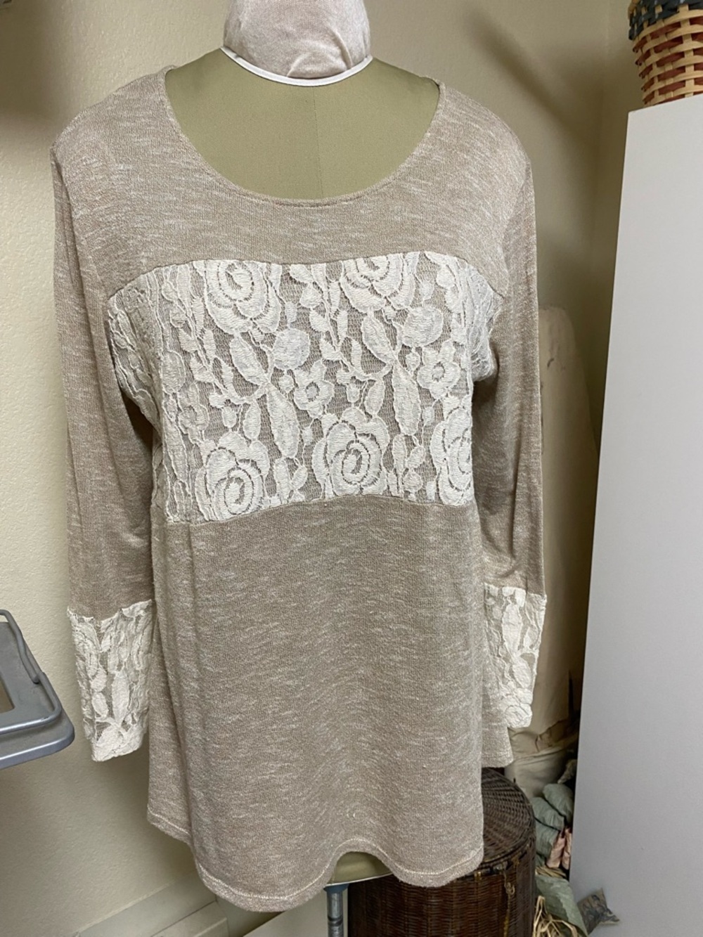 Beige Lace-Panel Tunic Top - Women